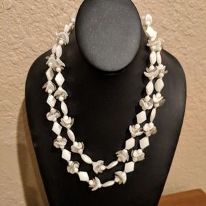 Vintage Two Strand White Plastic Necklace  Multi Bead Round Clasp West Germany